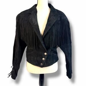 Wilsons Leather Suede Fringe Jacket Boho Western Cowgirl Cropped Black Medium